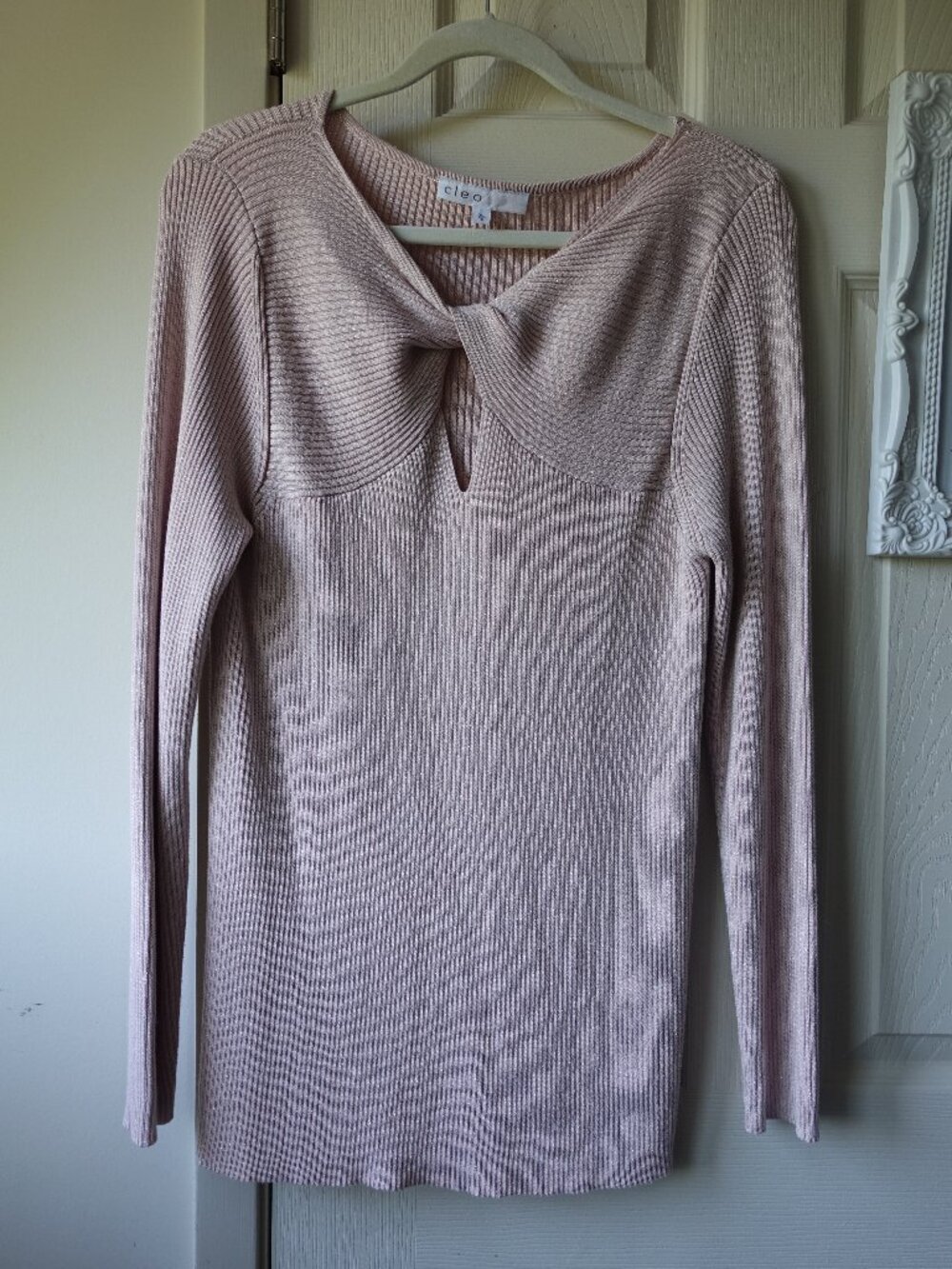cleo Blush Pink Twist-Front Ribbed Long Sleeve Top
